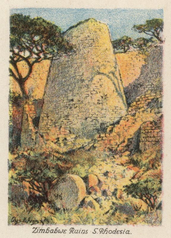 Republika Południowej Afryki: Ruiny Zimbabwe, Rodezja Południowa (kolorowa litografia) autorstwa Charles Ernest Peers