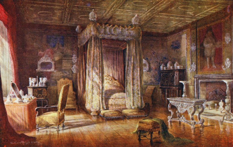 Knole House: Sypialnia króla Jakuba I (kolorowa litografia) autorstwa Charles Essenhigh Corke
