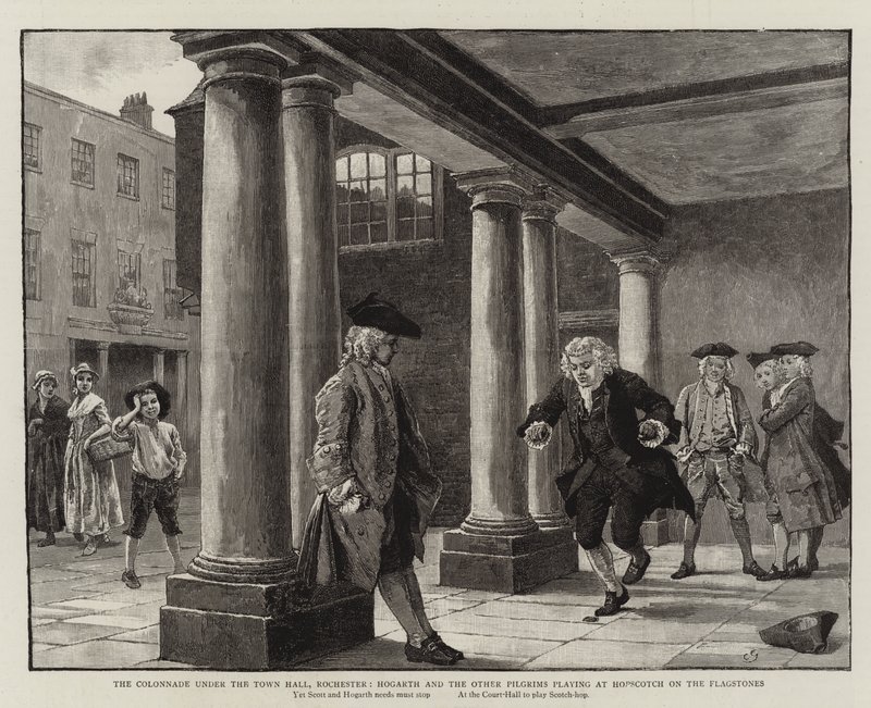 Kolumnada pod Ratuszem, Rochester, Hogarth i inni Pielgrzymi bawiący się w Gra w klasy na płytach chodnikowych autorstwa Charles Green