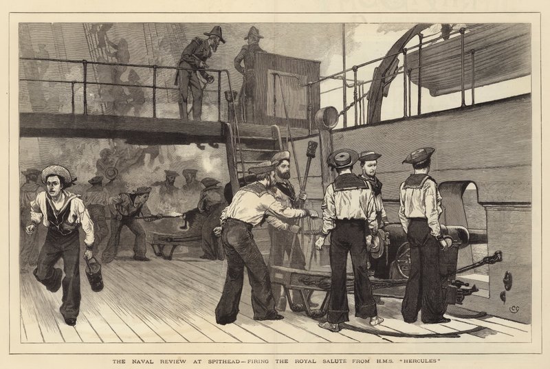 Przegląd marynarki wojennej w Spithead, wystrzeliwujący Royal Salute z HMS Hercules autorstwa Charles Green