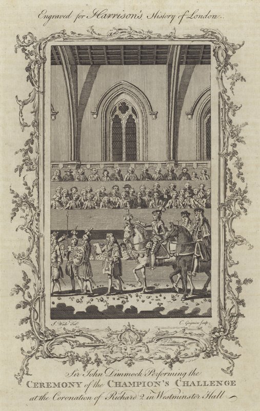 Sir John Dimmock podczas ceremonii mistrzów podczas koronacji Ryszarda II w Westminster Hall, 1377 autorstwa Charles Grignion
