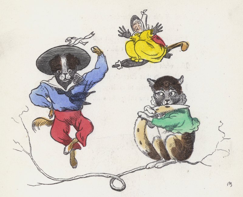 Dame Trottypeg i jej kot i pies (kolorowy grawerunek) autorstwa Charles Henry (after) Bennett