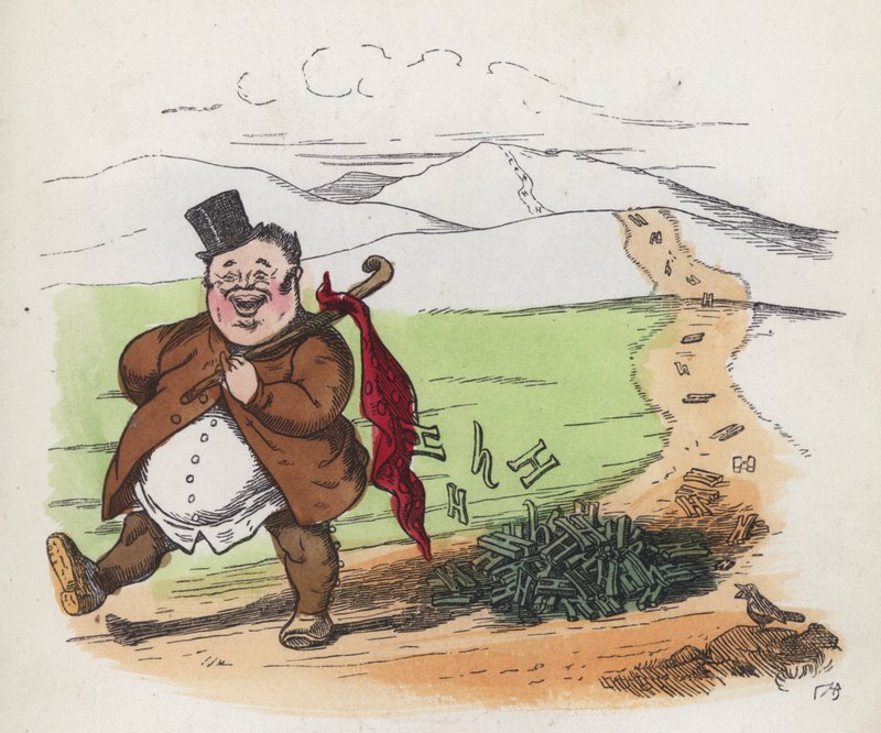 Grubas idący drogą, upuszczający bóle (kolorowy grawerunek) autorstwa Charles Henry (after) Bennett