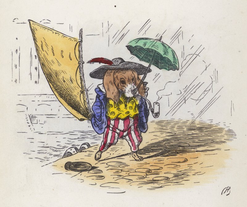 Little Jack Tar: pies używający ogona jako żagla i nosa jako parasola (kolorowy grawerunek) autorstwa Charles Henry (after) Bennett