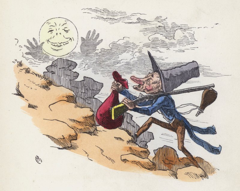 Mężczyzna wspinający się na wzgórze, by strzelać do Księżyca (kolorowy grawerunek) autorstwa Charles Henry (after) Bennett