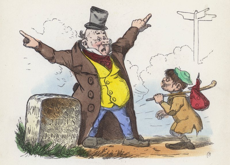 Mężczyzna podaje mylące wskazówki podróżnikowi na drodze do Londynu (kolorowy grawerunek) autorstwa Charles Henry (after) Bennett