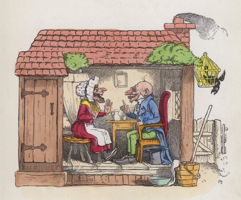 Mężczyzna rozśmieszający żonę (kolorowy grawerunek) autorstwa Charles Henry (after) Bennett