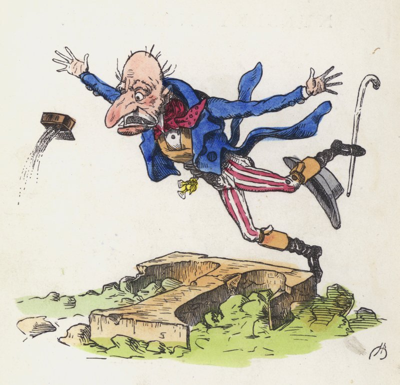 Stary człowiek potykający się o skałę w kształcie litery T (kolorowy grawerunek) autorstwa Charles Henry (after) Bennett
