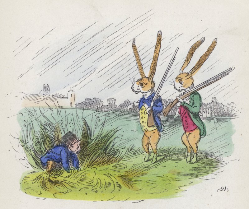 Dwa antropomorficzne króliki na polowaniu (kolorowy grawerunek) autorstwa Charles Henry (after) Bennett
