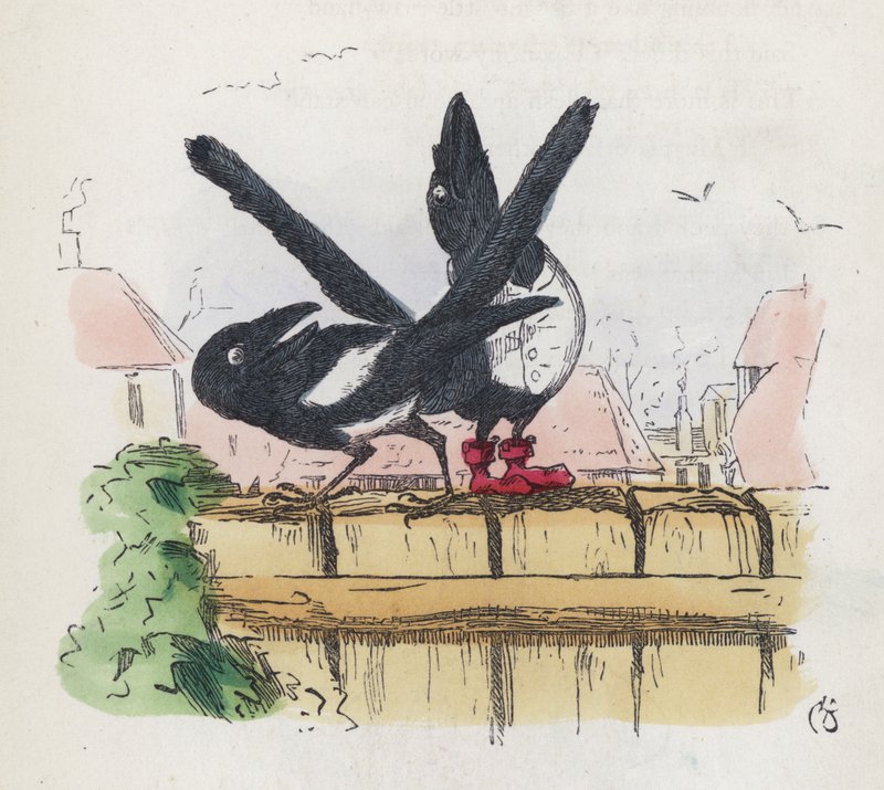Dwie sroki na płocie (kolorowy grawer) autorstwa Charles Henry (after) Bennett