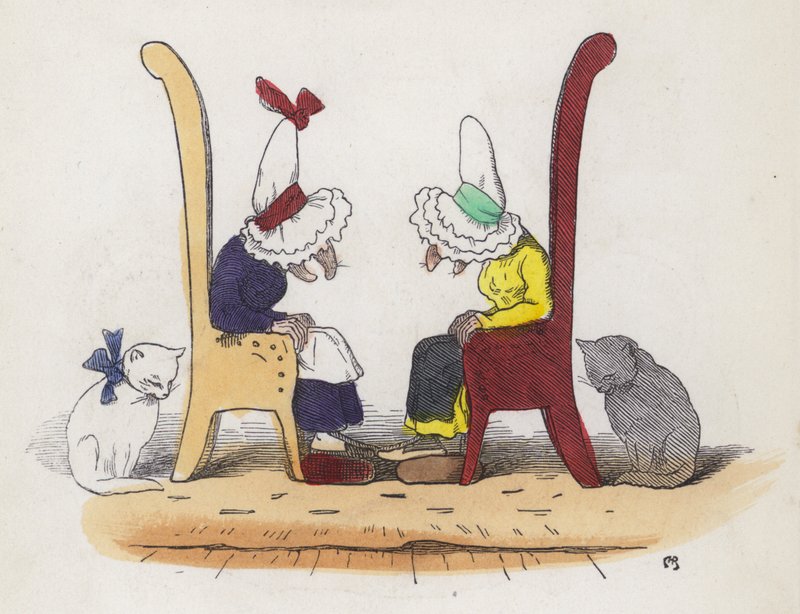Dwie stare żony rozmawiają, a potem zasypiają (kolorowy grawerunek) autorstwa Charles Henry (after) Bennett