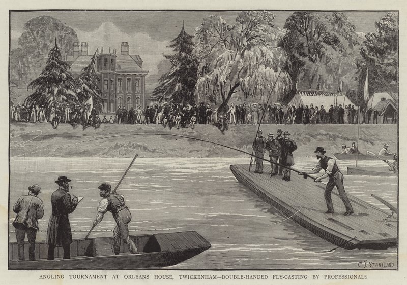 Turniej wędkarski w Orleans House, Twickenham, dwuręczny Fly-Casting przez profesjonalistów autorstwa Charles J. Staniland