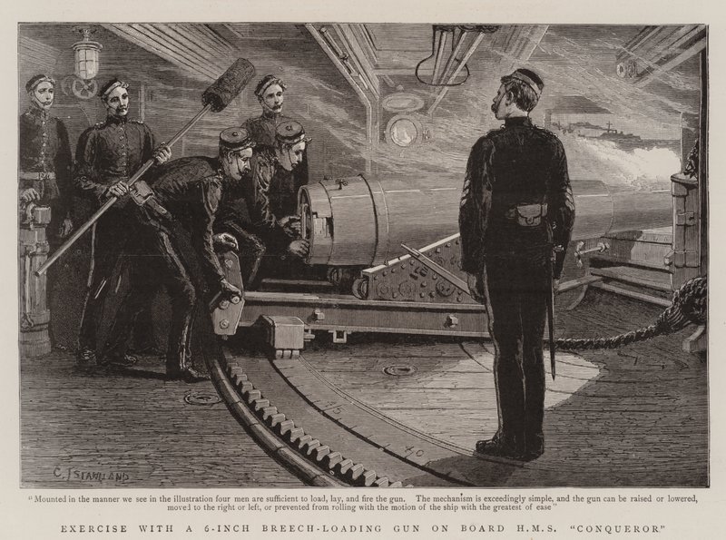Ćwiczenie z 6-calowym działem ładowanym od tyłu na pokładzie HMS Conqueror autorstwa Charles J. Staniland