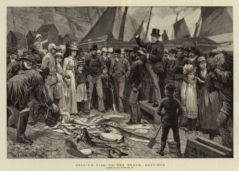 Sprzedawanie ryb na plaży, Hastings autorstwa Charles J. Staniland