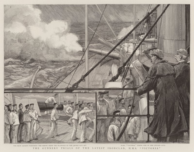 Próby artyleryjskie ostatniego żelaznego okrętu, HMS Victoria autorstwa Charles J. Staniland