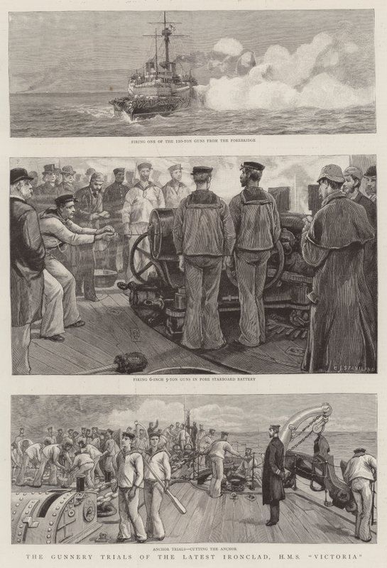 Próby artyleryjskie najnowszego pancernika, HMS Victoria autorstwa Charles J. Staniland