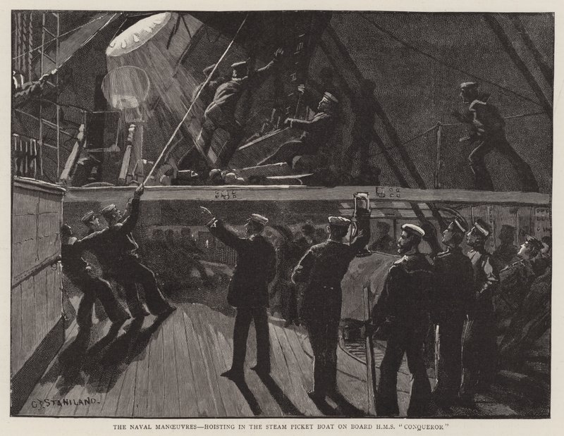 Manewry morskie, podnoszenie w parowej łodzi pikietowej na pokładzie HMS Conqueror autorstwa Charles J. Staniland
