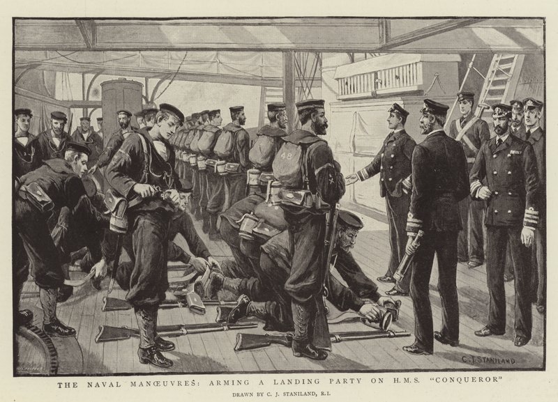 Manewry morskie, uzbrajanie desantu na HMS Conqueror autorstwa Charles J. Staniland