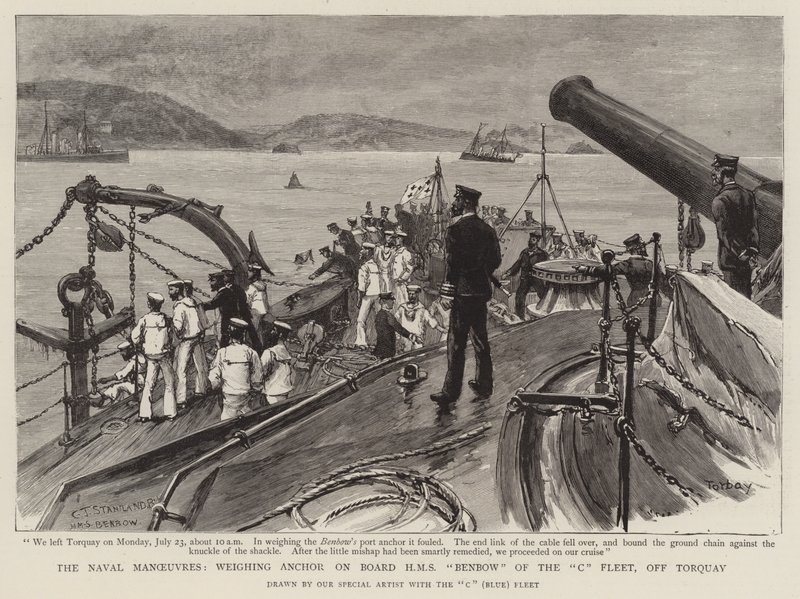 Manewry Marynarki Wojennej, ważenie kotwicy na pokładzie HMS Benbow z Floty C, u wybrzeży Torquay autorstwa Charles J. Staniland
