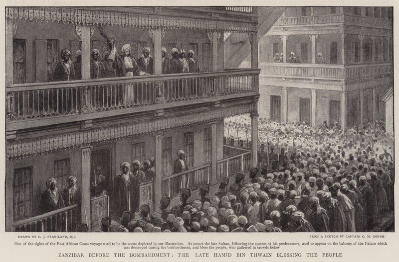 Zanzibar przed bombardowaniem, późny Hamid Bin Thwain błogosławi lud autorstwa Charles J. Staniland