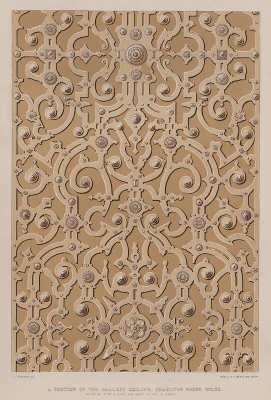 Część sufitu galerii, Charlton House, Wilts, sufit ma 17 stóp szerokości i około 115 stóp długości (kolor lito) autorstwa Charles James Richardson