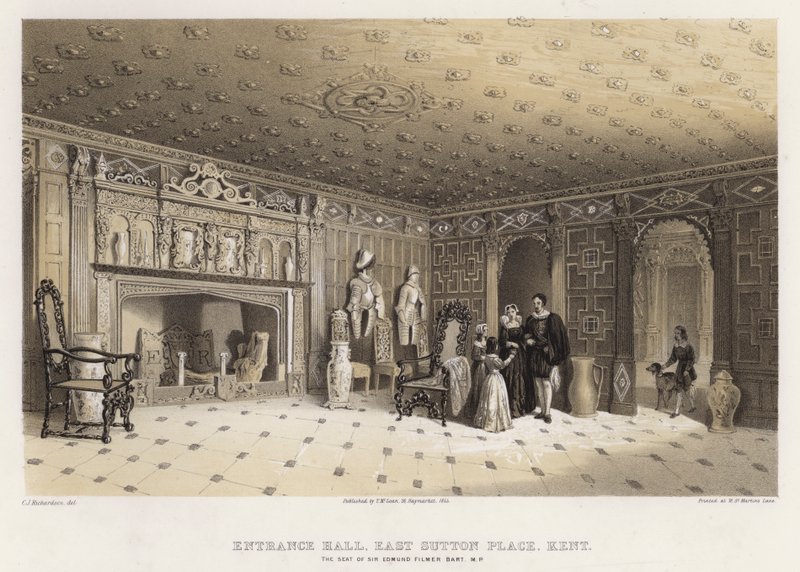 Hol wejściowy, East Sutton Place, Kent, siedziba Sir Edmunda Filmera (kolor lito) autorstwa Charles James Richardson