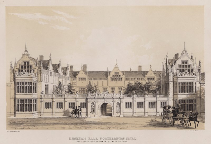 Rushton Hall, Northamptonshire, wzniesiony przez Sir Thomasa Treshama, w czasach Elżbiety (kolor lito) autorstwa Charles James Richardson