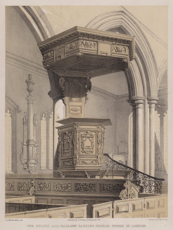 Ambona, All Hallows Barking Church, Tower Street, Londyn (kolor lito) autorstwa Charles James Richardson
