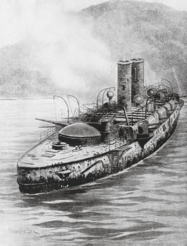 Hiszpański krążownik pancerny Oquendo po starciu morskim w 1898 r. (litografia) autorstwa Charles John de (after) Lacy
