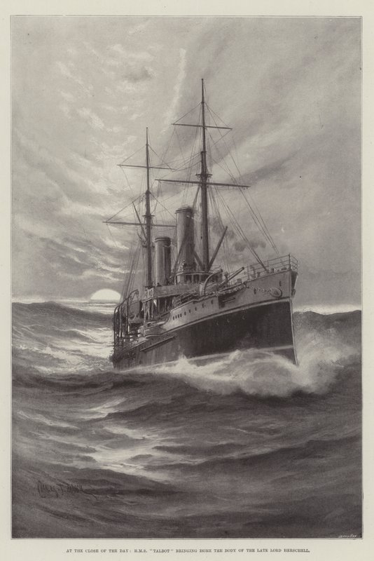 Pod koniec dnia HMS Talbot przynosi do domu ciało zmarłego lorda Herschella autorstwa Charles John de Lacy