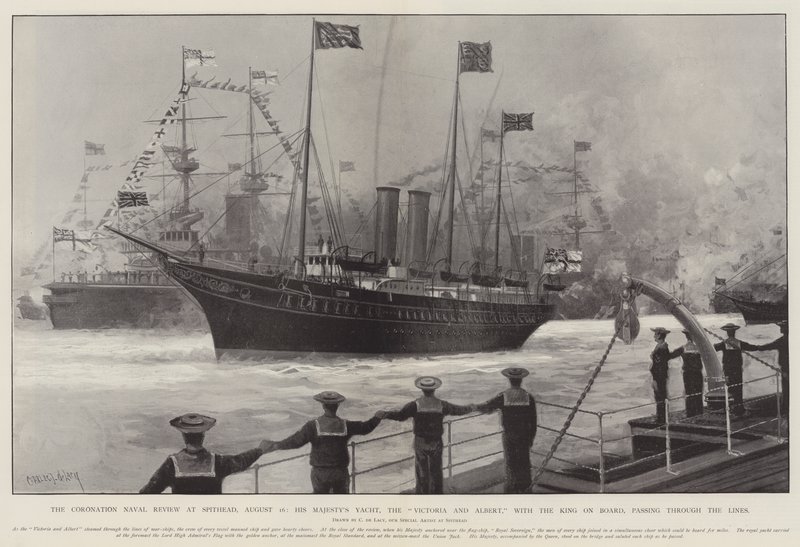 The Coronation Naval Review w Spithead, 16 sierpnia, Jacht Jego Królewskiej Mości, Victoria and Albert, z królem na pokładzie, przepływający przez linie autorstwa Charles John de Lacy