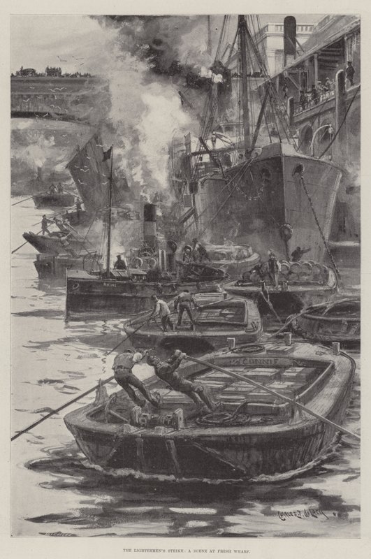 Strajk lichtarzy, scena na nabrzeżu Fresh Wharf autorstwa Charles John de Lacy