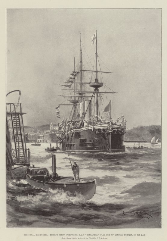 Manewry morskie, operacje floty rezerwowej, HMS Alexandra, okręt flagowy admirała Domvile, w zatoce Tor autorstwa Charles John de Lacy