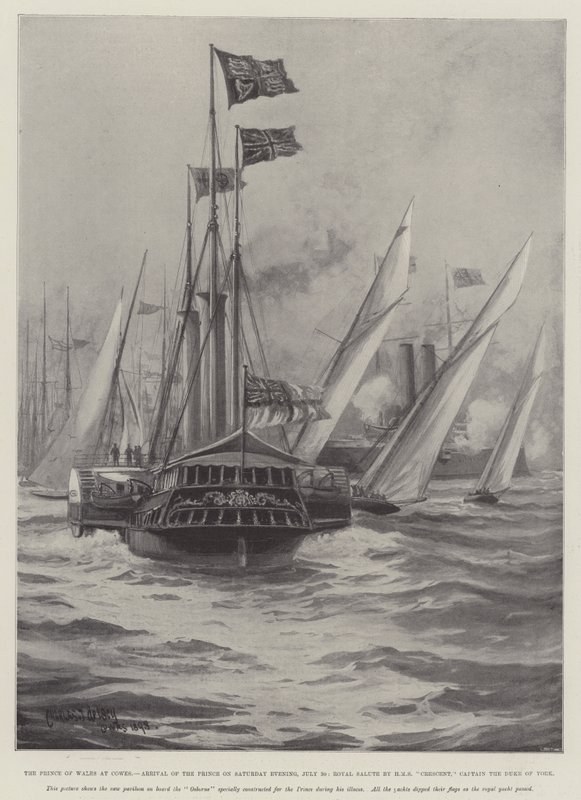Książę Walii w Cowes, przybycie księcia w sobotni wieczór, 30 lipca, salut królewski przez HMS Crescent, kapitan książę Yorku autorstwa Charles John de Lacy