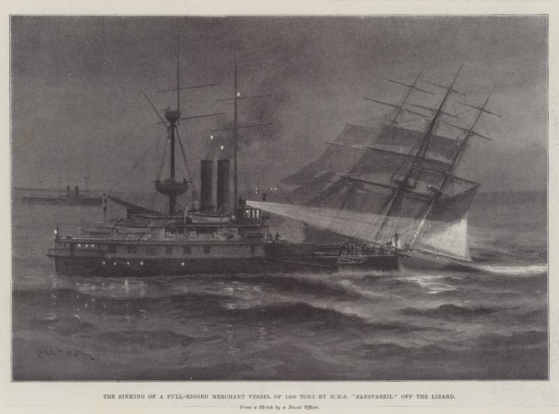 Zatonięcie w pełni uzbrojonego statku handlowego o nośności 1400 ton przez HMS Sanspareil w pobliżu Jaszczurki autorstwa Charles John de Lacy