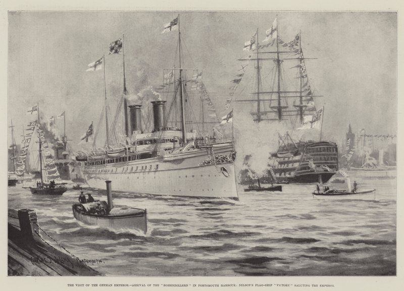 Wizyta cesarza niemieckiego, przybycie Hohenzollernów do portu Portsmouth, zwycięstwo okrętu flagowego Nelsona pozdrawiające cesarza autorstwa Charles John de Lacy