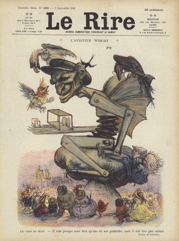 Karykatura amerykańskiego lotnika Wilbura Wrighta. Ilustracja do Le Rire autorstwa Charles Leandre