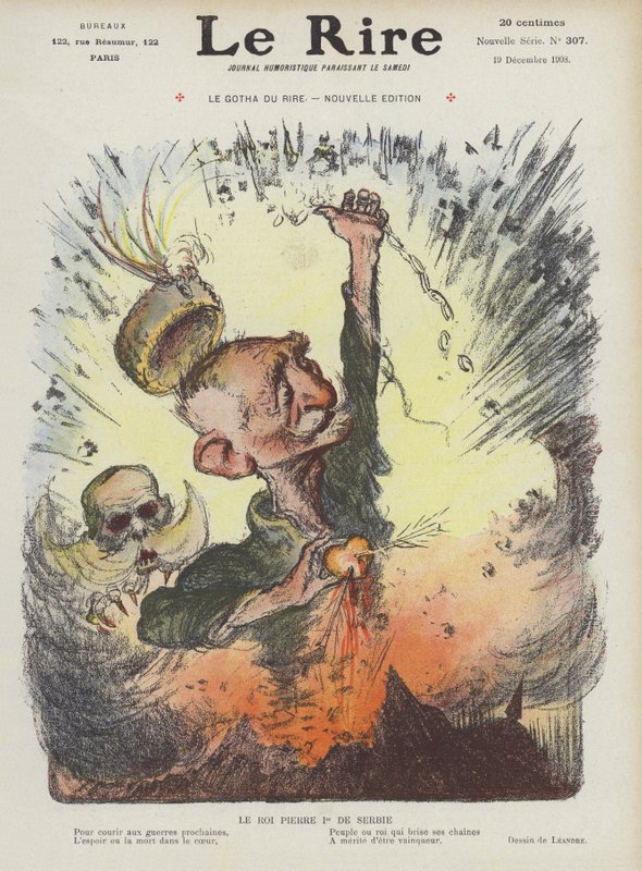 Król Piotr I Serbii. Ilustracja do Le Rire autorstwa Charles Leandre