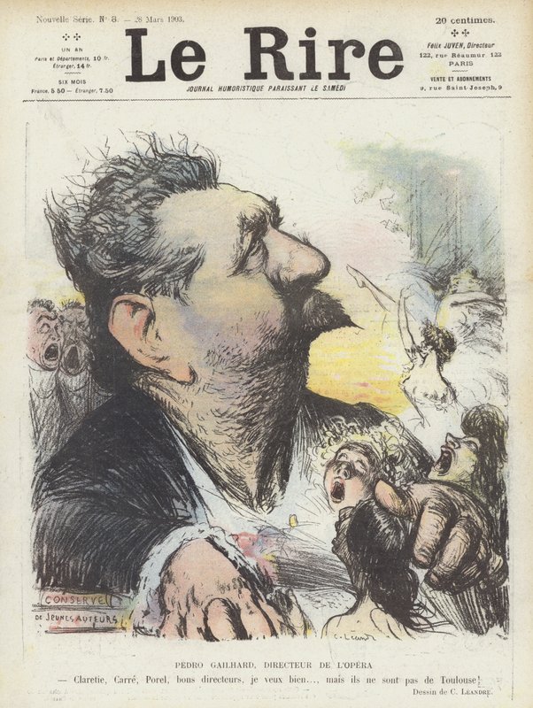 Pedro Gailhard, dyrektor Opery Paryskiej. Ilustracja do Le Rire autorstwa Charles Leandre