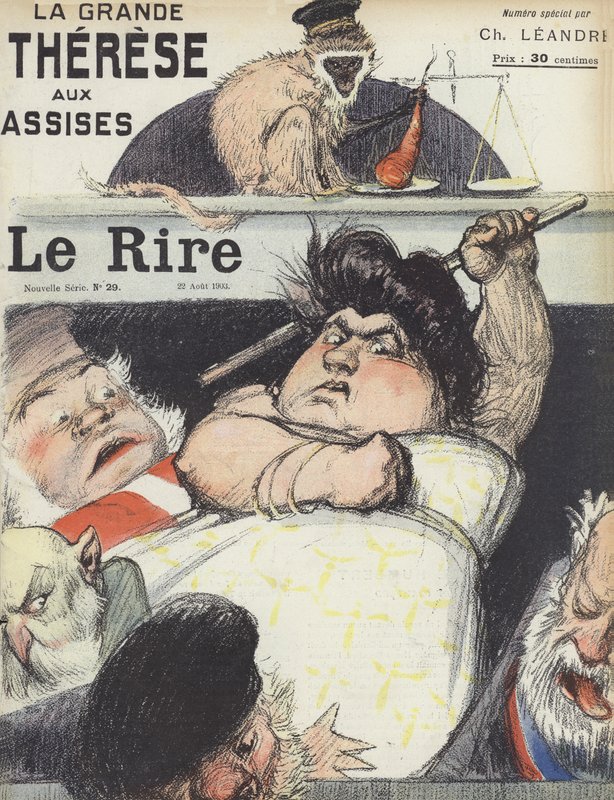 Proces osławionej oszustki Therese Humbert. Ilustracja do Le Rire autorstwa Charles Leandre