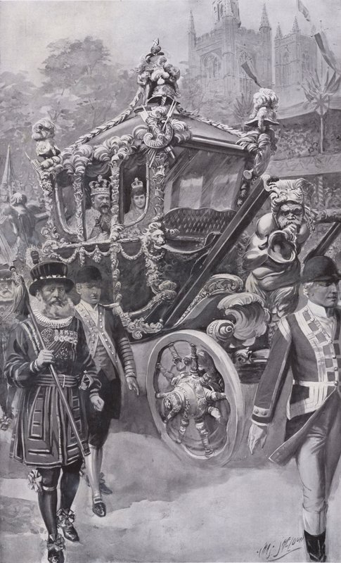 Król Edward VII i królowa Aleksandra w autokarze wracają z koronacji w Opactwie Westminsterskim w Londynie autorstwa Charles Mills (after) Sheldon