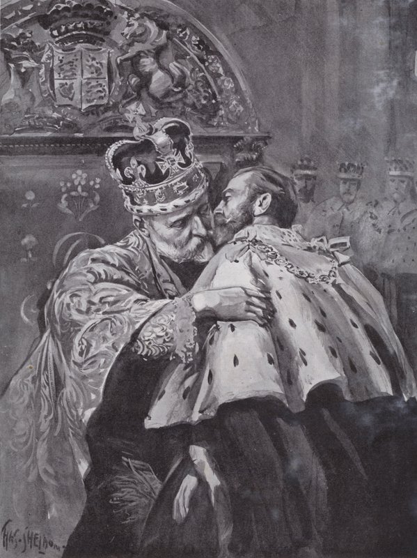 Król Edward VII obejmujący swego syna, księcia Walii, podczas koronacji króla, Westminster Abbey, Londyn autorstwa Charles Mills (after) Sheldon