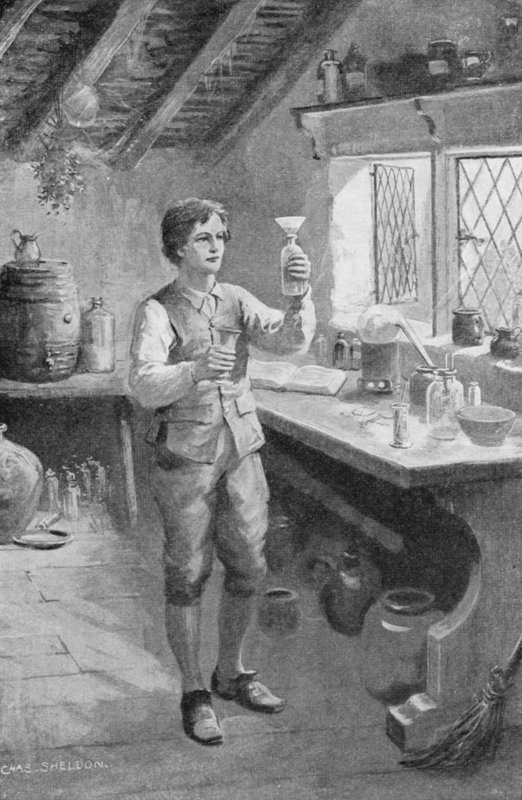 Młody Humphry Davy przeprowadza pierwsze eksperymenty (litografia) autorstwa Charles Mills (after) Sheldon
