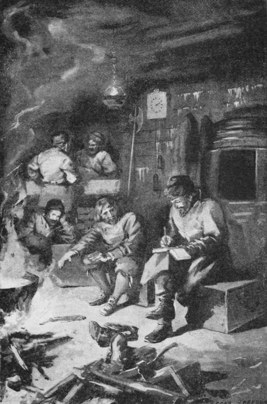 William Barents piszący swój pamiętnik spędzając zimę w chacie na Nova Zembla (lito) autorstwa Charles Mills (after) Sheldon