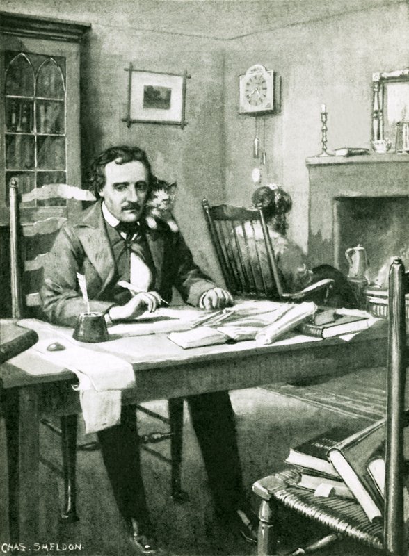 Poe przy pracy pod okiem Cataliny autorstwa Charles Mills Sheldon