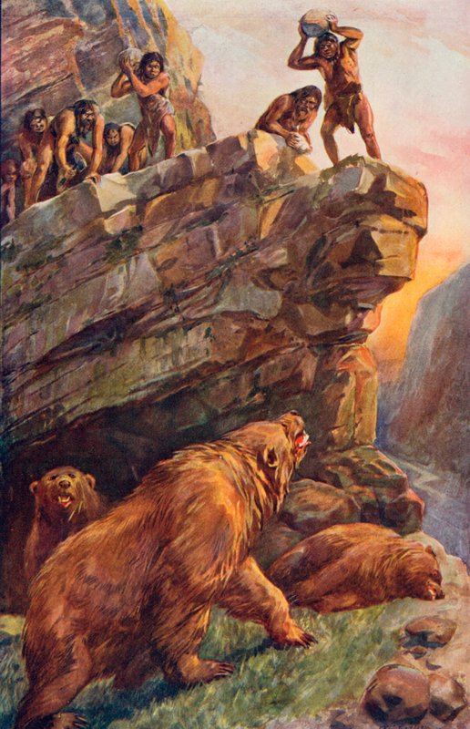 Prehistoryczni ludzie atakują wielkie niedźwiedzie jaskiniowe autorstwa Charles Mills Sheldon