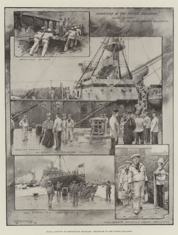 Aktywność marynarki wojennej w Portsmouth Dockyard, odlot latającej eskadry (litografia) autorstwa Charles Murray (after) Padday