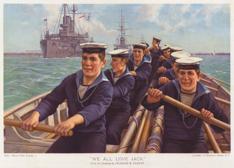 Marynarze z HMS Triumph wiosłujący przez port (kolorowa litografia) autorstwa Charles Murray (after) Padday