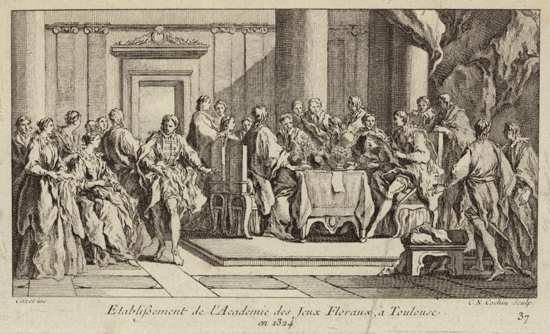 Założenie Academie des Jeux Floraux, najstarszego stowarzyszenia literackiego w świecie zachodnim, Tuluza, Francja autorstwa Charles Nicolas II Cochin