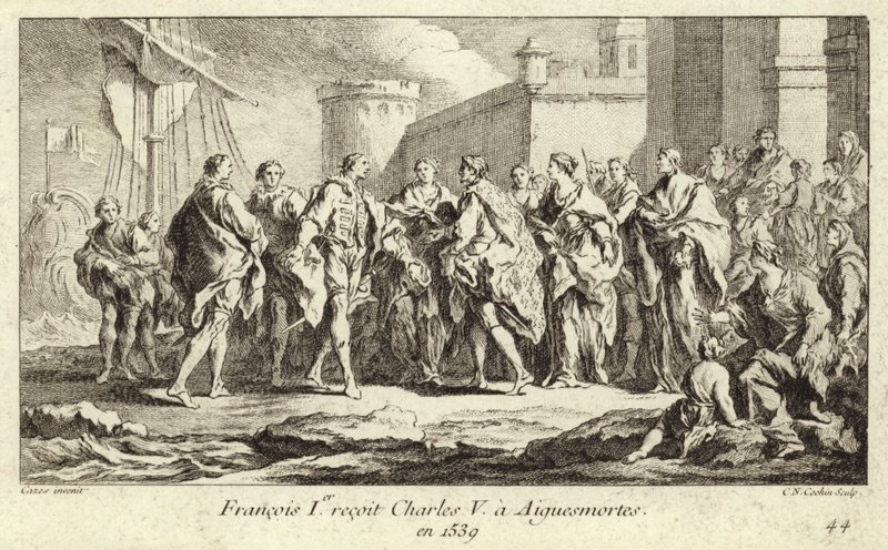 Król Francji Franciszek I przyjmujący cesarza Karola V w Aigues-Mortes autorstwa Charles Nicolas II Cochin